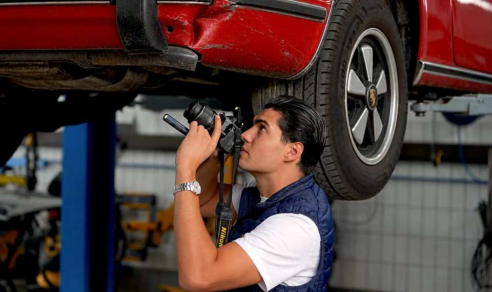Davide Balsamello fotografiert den Heckschaden eines roten Porsche 911 auf der Hebebühne