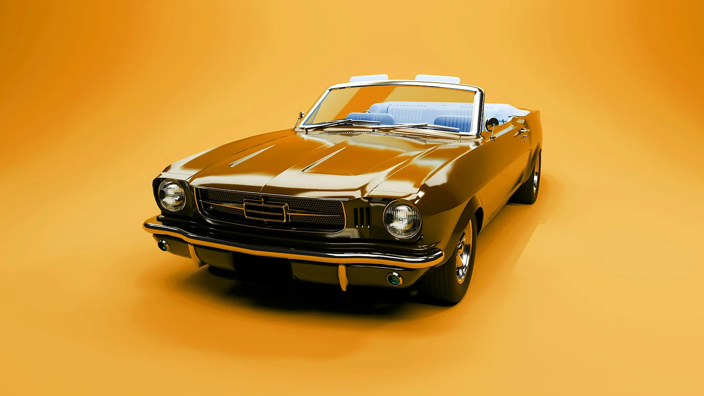 Offenes Cabriolet der 1960er auf gelbem Grund, digitale Studiodarstellung